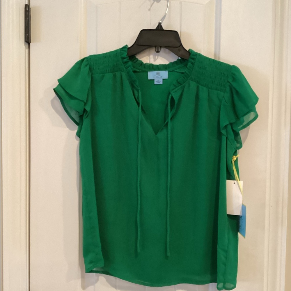 CeCe Green Ruffle Sleeve Top - Picture 2 of 7